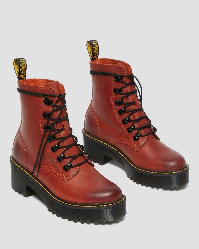 Burgundy DR Martens Leona Wyoming Leather Platform Heeled Boots | 5847LGRKZ