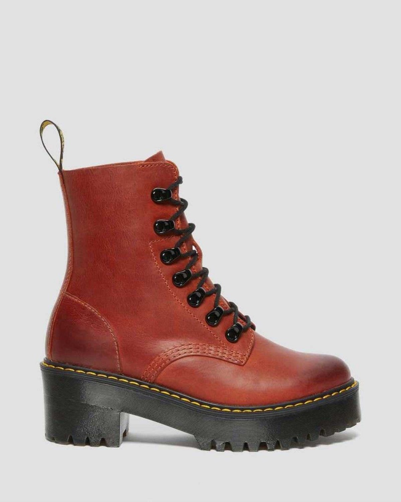 Burgundy DR Martens Leona Wyoming Leather Platform Heeled Boots | 5847LGRKZ