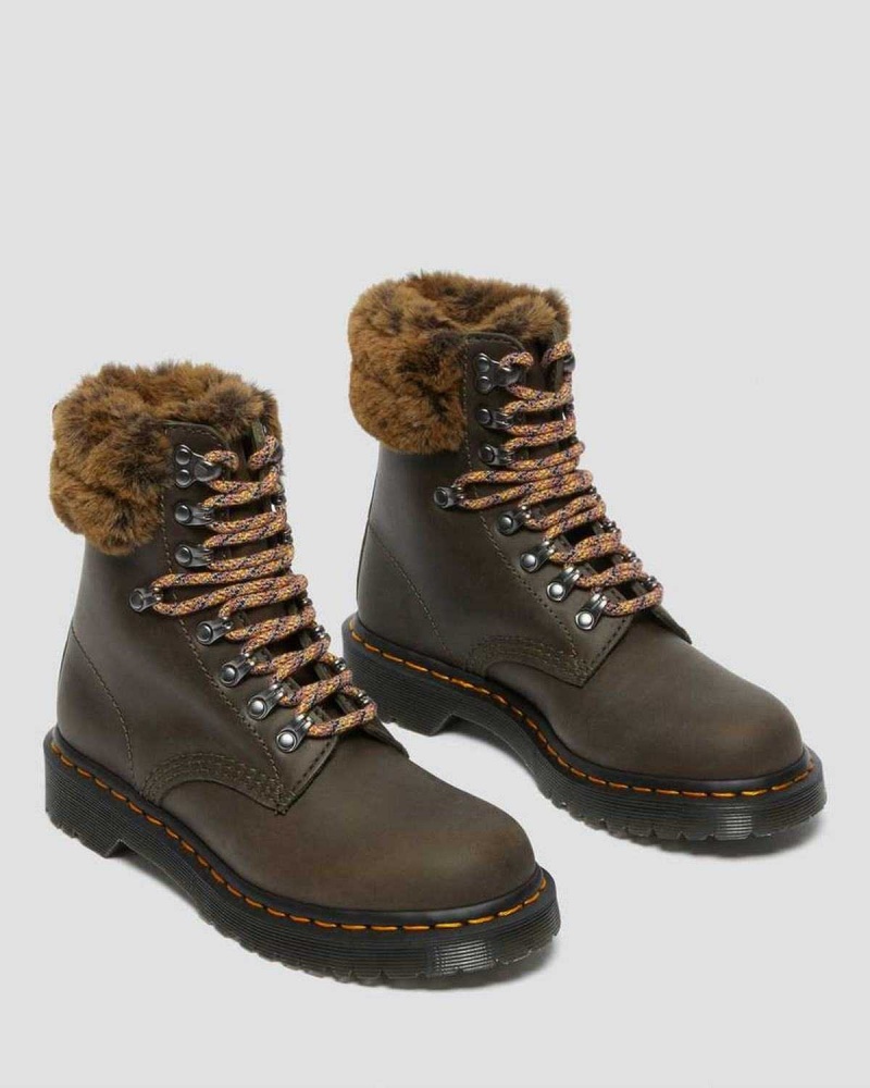 Grey DR Martens 1460 Serena Collar Faux Fur Lined Lace Up Boots | 5283KICAZ