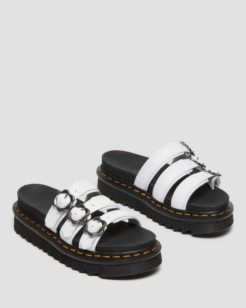 White DR Martens Blaire Flower Buckle Leather Slide Sandals | 1923VILNO