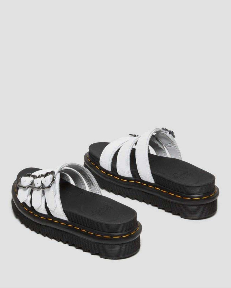 White DR Martens Blaire Flower Buckle Leather Slide Sandals | 1923VILNO