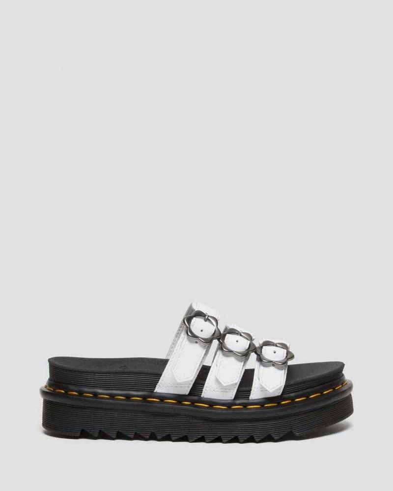 White DR Martens Blaire Flower Buckle Leather Slide Sandals | 1923VILNO