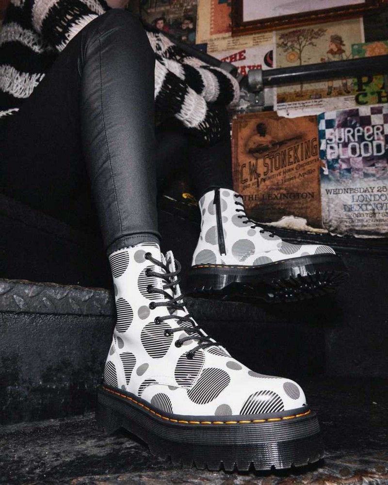 White DR Martens Jadon Polka Dot Smooth Leather Platform Boots | 8190QGPKX