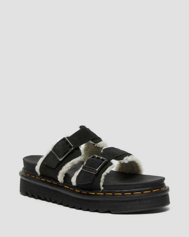 White DR Martens Myles Suede Fur-Lined Buckle Slide Sandals | 4871PFAKR